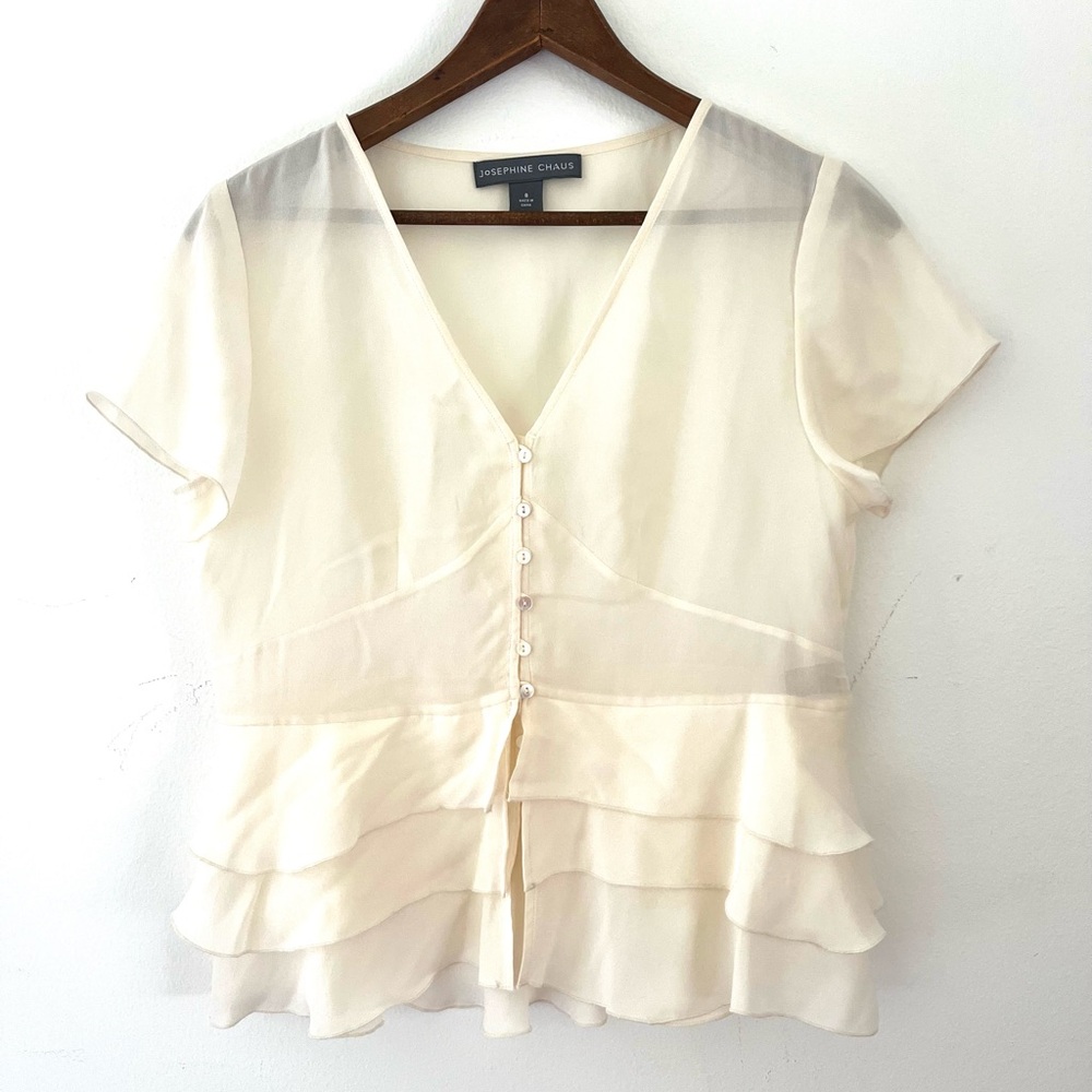 Josephine Chaus Blouse Top Ivory 100% Silk Size 8 Semi Sheer Short Sleeve Peplum
